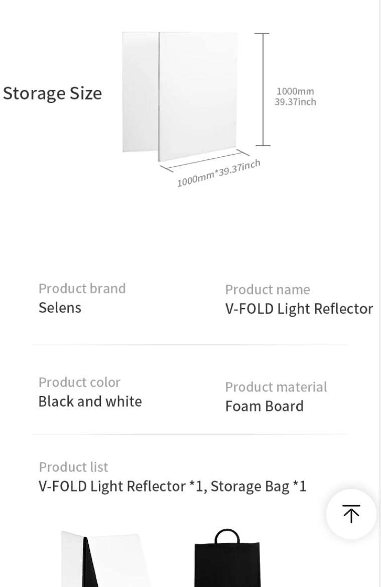 Foldable v Flat light reflector for photography and videography 6.7 ft by 6.7ft when full unfolded.